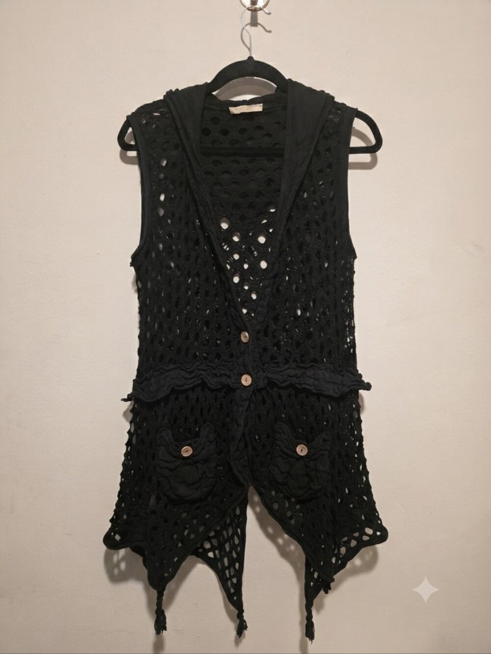 Made in Italy Black Open Knit Hooded Vest Cardigan Asymmetrical Fairy Grunge M/L